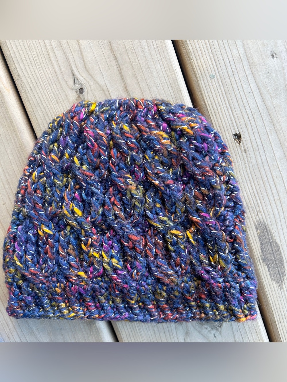 Hand Knitted Wool Blend Children’s Beanie/ Winter Hat in Navy/ Multi • Brand New